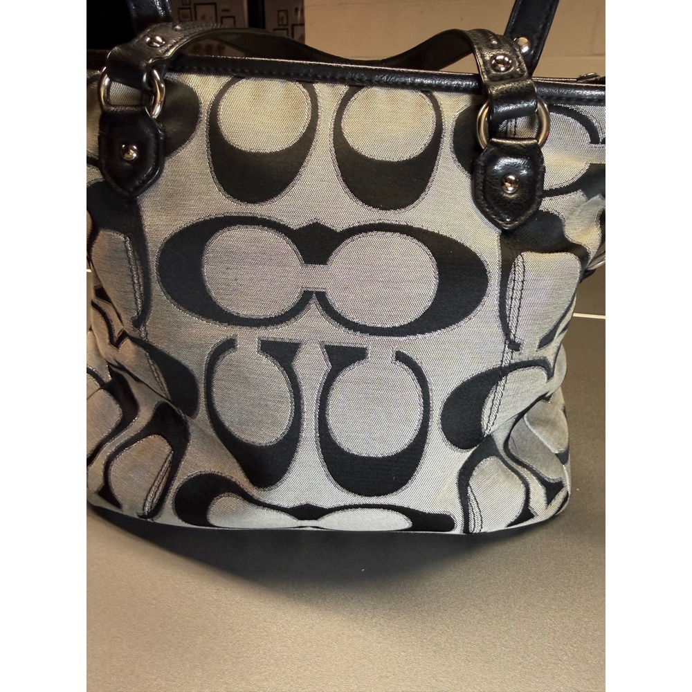 Coach Signature Jacquard Tote Bag Black Grey Monogram Leather Trim Zip Top - Picture 7 of 16